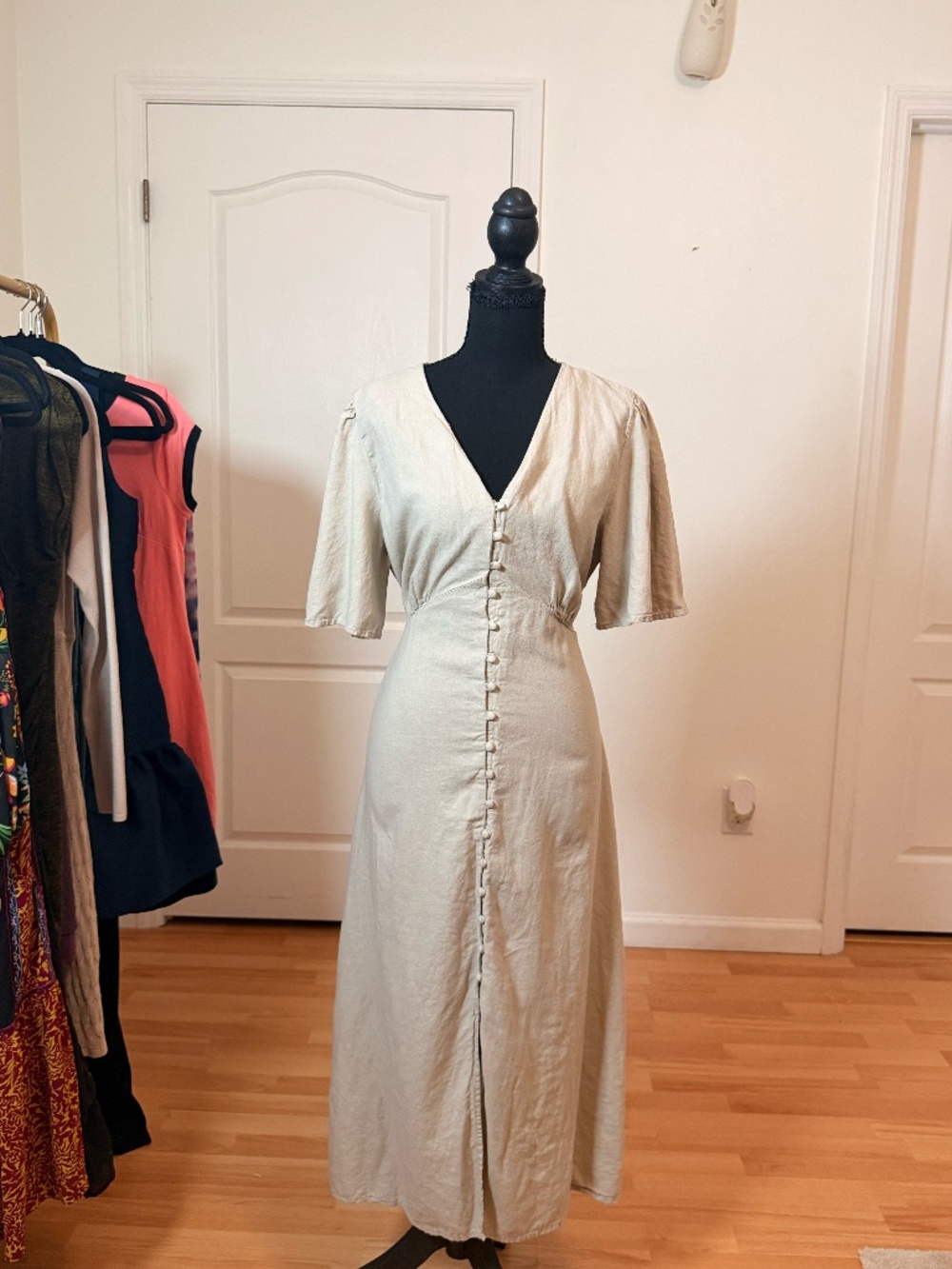 MANGO Flared Sleeve Linen A-Line Midi Dress Size M